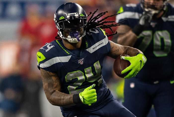 Seattle Seahawks running back Marshawn Lynch (24) carries the ball against the San Francisco 49ers during the second half at CenturyLink Field. San Francisco defeated Seattle 26-21.